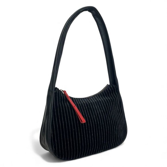 Principe Milano Striped Velvet Hobo Bag Y2K Black Leather Preppy Minimalist Chic